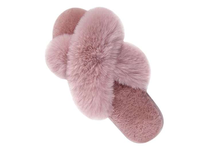 fuzzy cross strap slippers