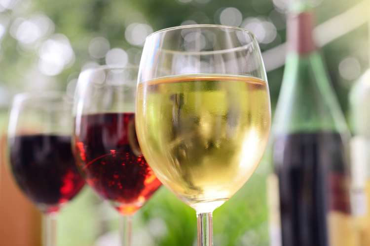 three wine glasses filled with red, white and rose wine