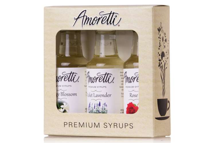 box of floral coffee syrups by amaretti