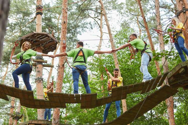 three people in green shirts hold hands on an aerial bridge