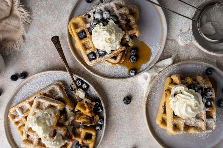 Blueberry waffles with powdered sugar