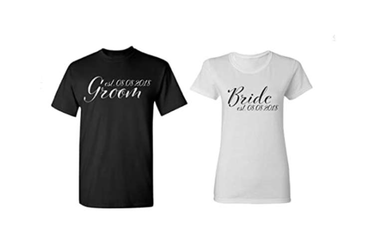 bridge and groom t-shirts with custom wedding date