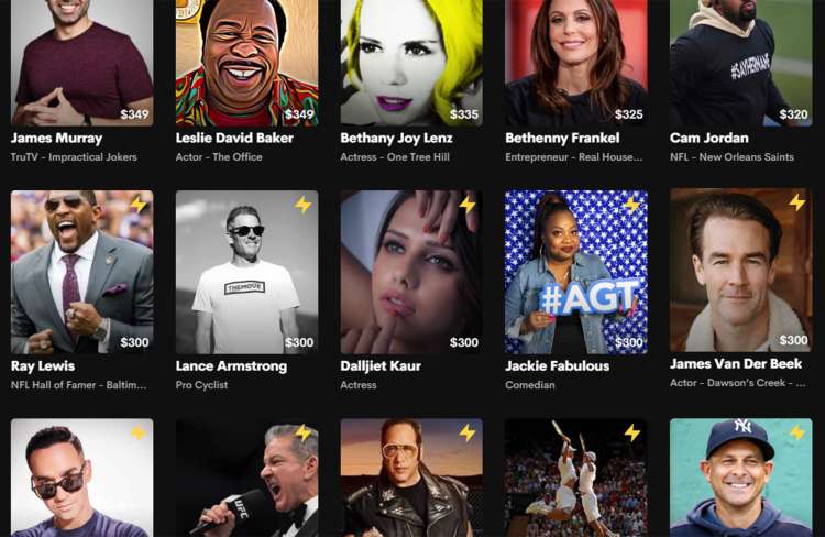 screenshot of celebrities on cameo