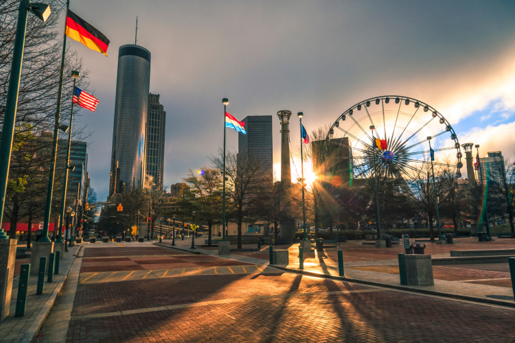 centennial olympic park in atlanta at sunset