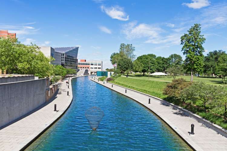 a view of Central Canal in downtown Indianapolis