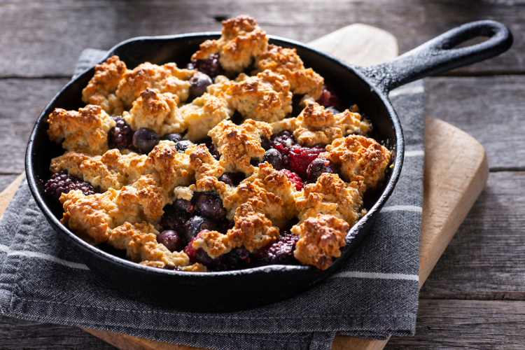 Cobblers and crumbles, which is a popular dessert, in a pan