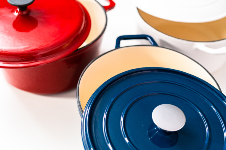 red, white and blue dutch ovens