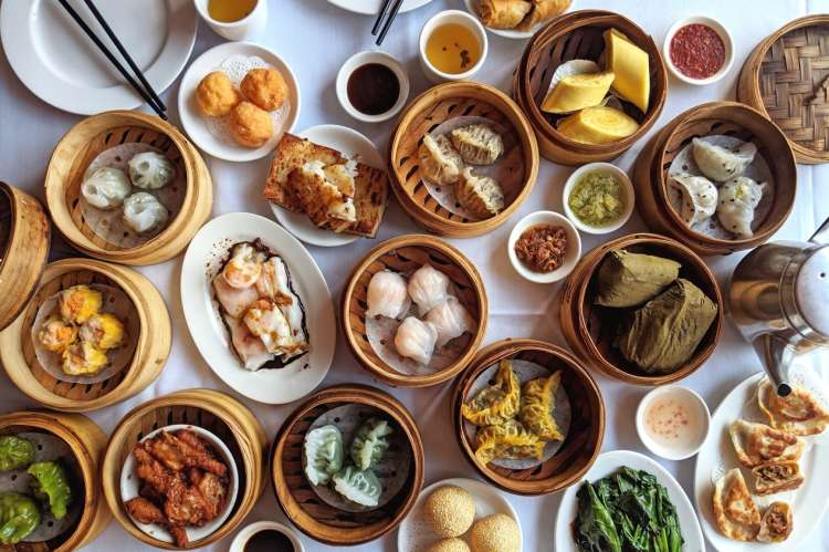 Dim sum laid out on a table from Dim Sum Go Go