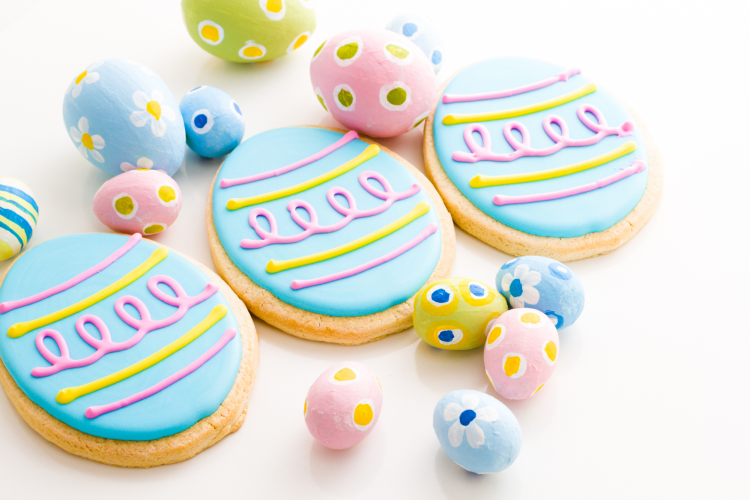 frosted sugar cookies decorated like easter eggs