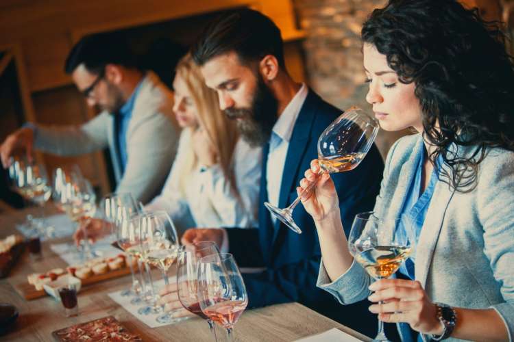 Four people study wine at a table