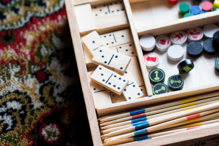 board game pieces and dominoes