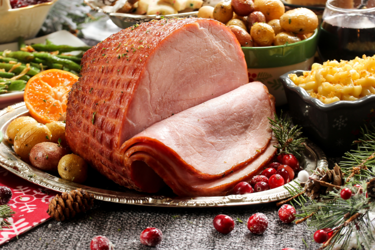 spiral ham on a dinner table