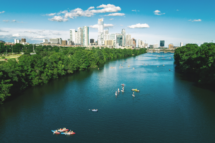 aerial shot of lady bird lake in austin with rowers and kayakers on the water