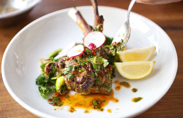 lamb chops with chimichurri, radish, lemon and broccolini