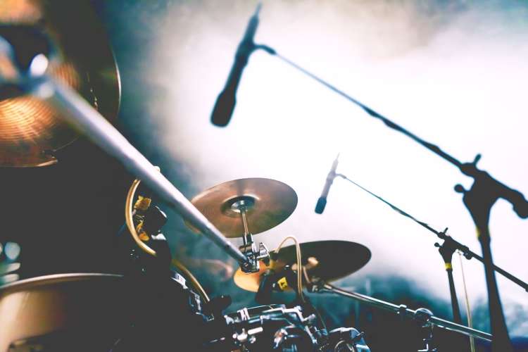 drum set up on a live music stage