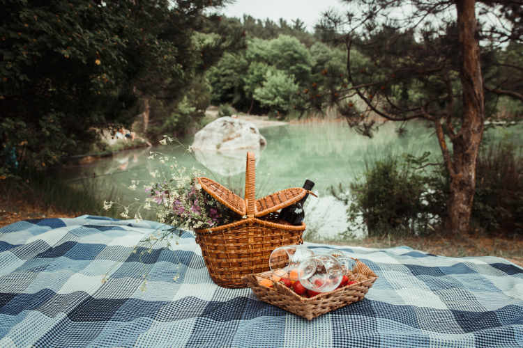 picnic basket set out on a blanket