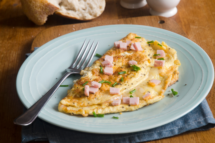 plated omelette with ham