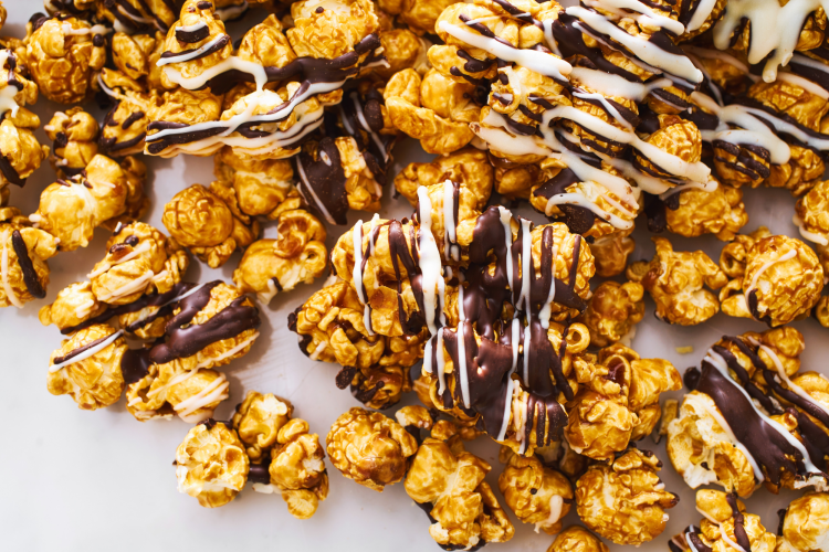 specialty popcorn with caramel and chocolate