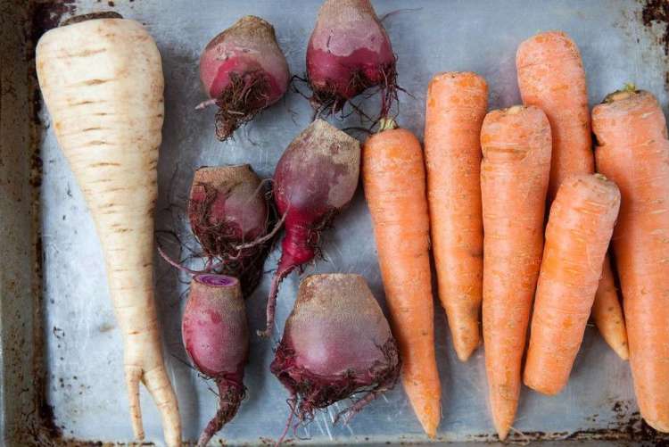 parsnips, beets and carrots on a baking tray