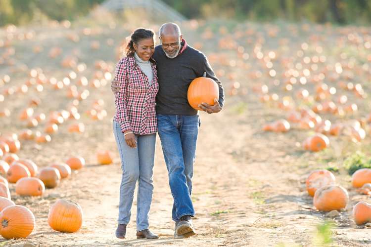 couple picking out a pumpkin at the pumpkin patch