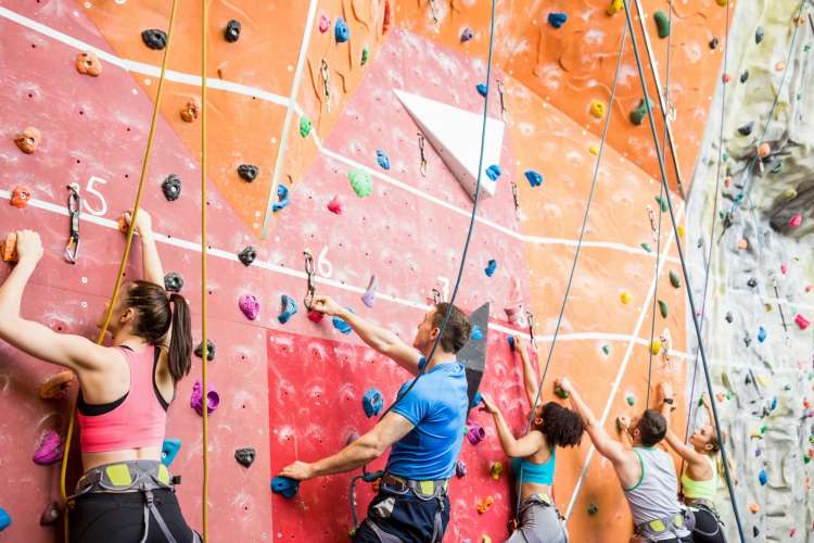 group of friends rock climbing in a gym