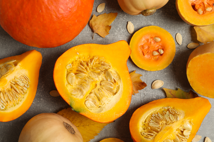 various color squash sliced in half