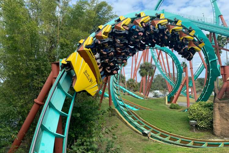 roller coaster looping around the track at a theme park