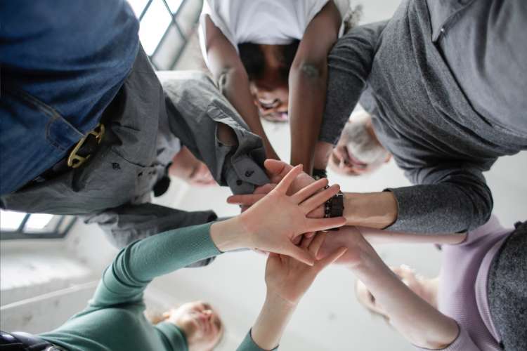 employees celebrating teamwork together 