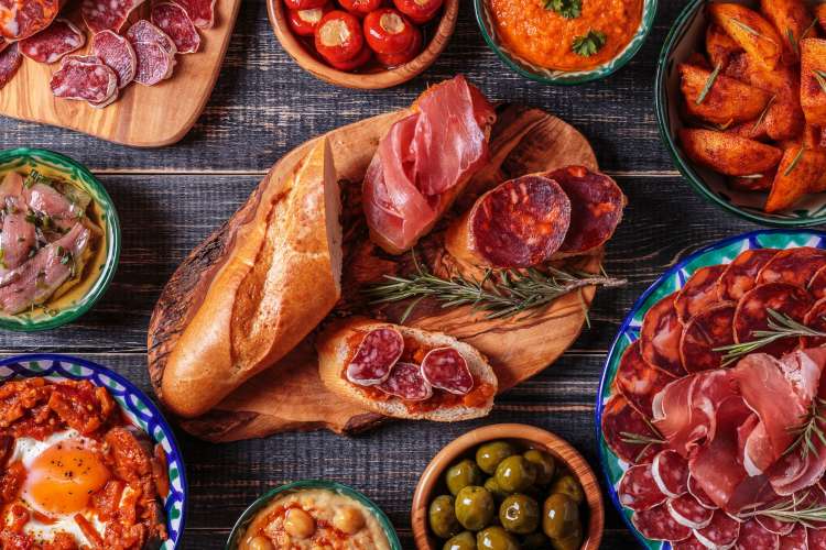 Aerial view of a variety of Spanish tapas