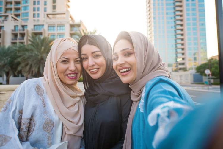 female friends taking a selfie in the city