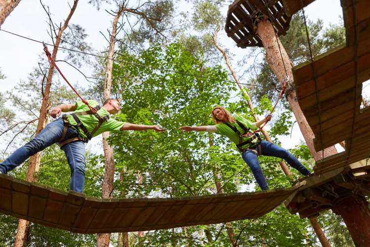 two people in green reach for each other's hands up on a ropes course