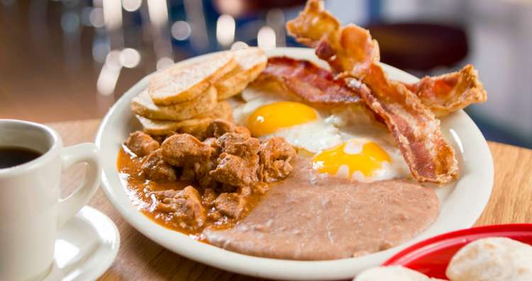 A breakfast meal with eggs, bacon and bread from Joe's Bakery & Coffee Shop in Austin