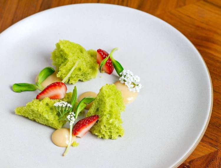 deconstructed basil cake with strawberries