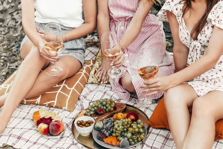 drinking wine on picnic blanket with fruit