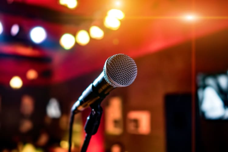 a microphone stands ready to be used with a bar scene in the background