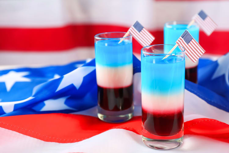 Red, white and blue Jello shots with American flags