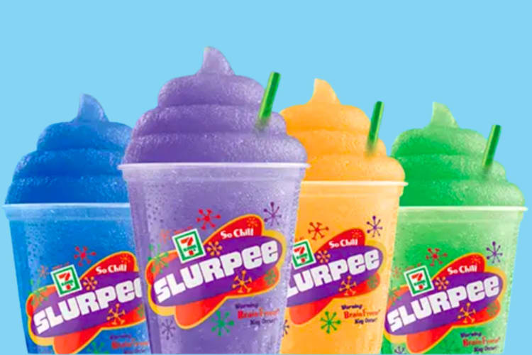 Four 7-Eleven Slurpees on a blue background