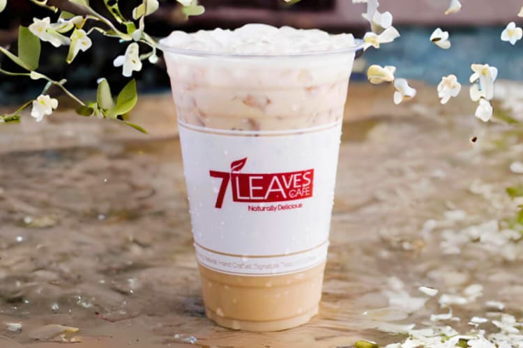A jasmine milk tea with jasmine blossoms around it
