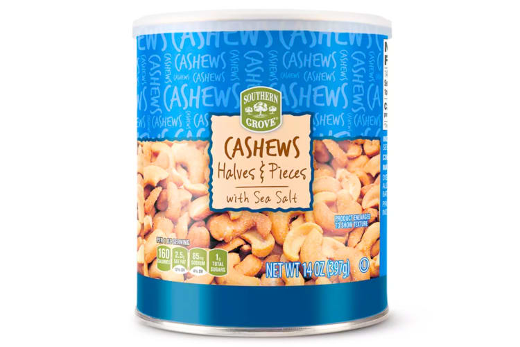 A blue container of cashews