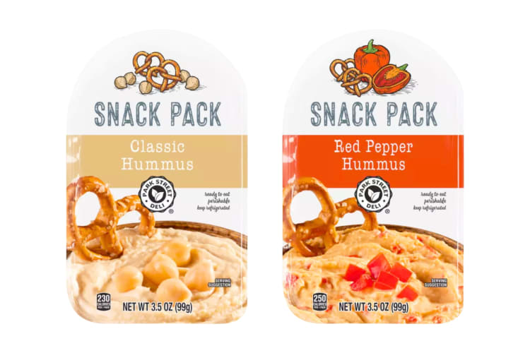 Two types of hummus with pretzels