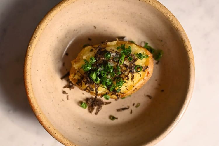 Aerial view of a plant-based meal from Allegra Dining Room