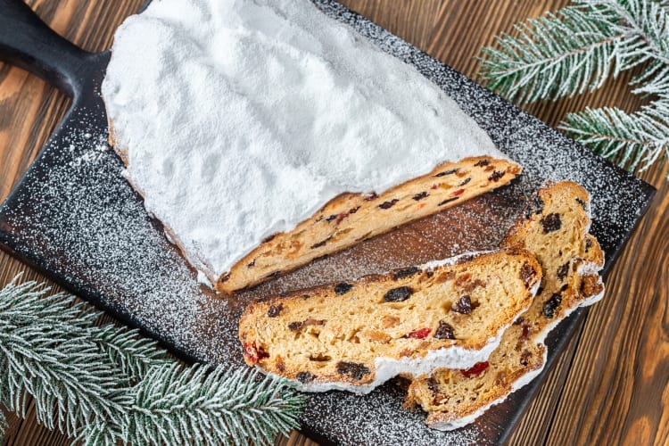 Aerial view of almond stollen, a German Christmas food