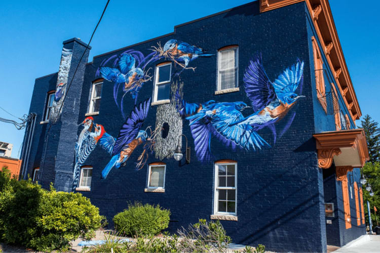 A house with a blue mural with birds painted on it