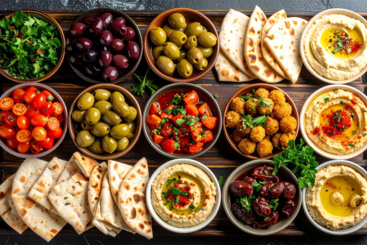 A selection of olive and hummus dishes with pita