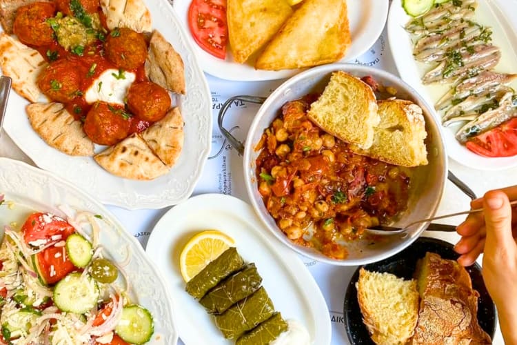A selection of Greek dishes on a table