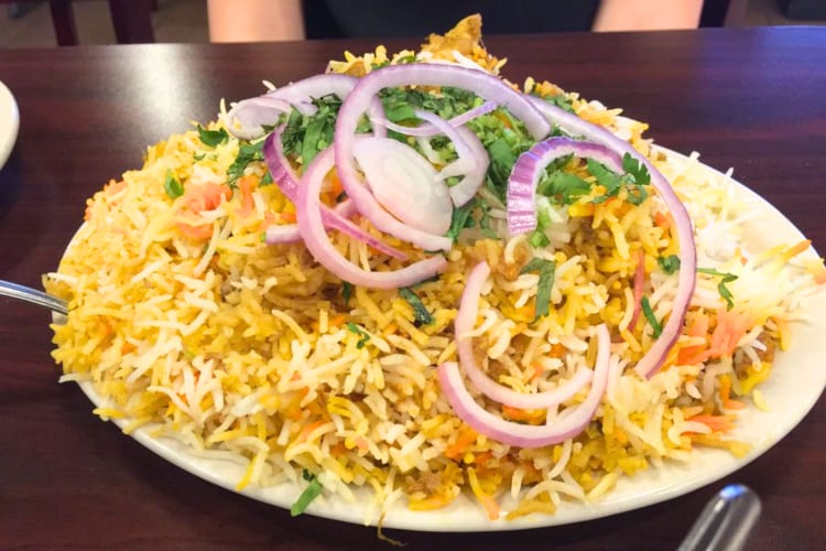 Get this huge pile of rice and vegetables at this Indian restaurant in Austin. 