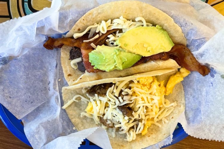 Breakfast tacos with egg, bacon and avacado are at this fast food joint in Austin 