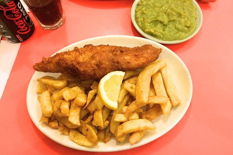 London fish and chips with mushy peas 