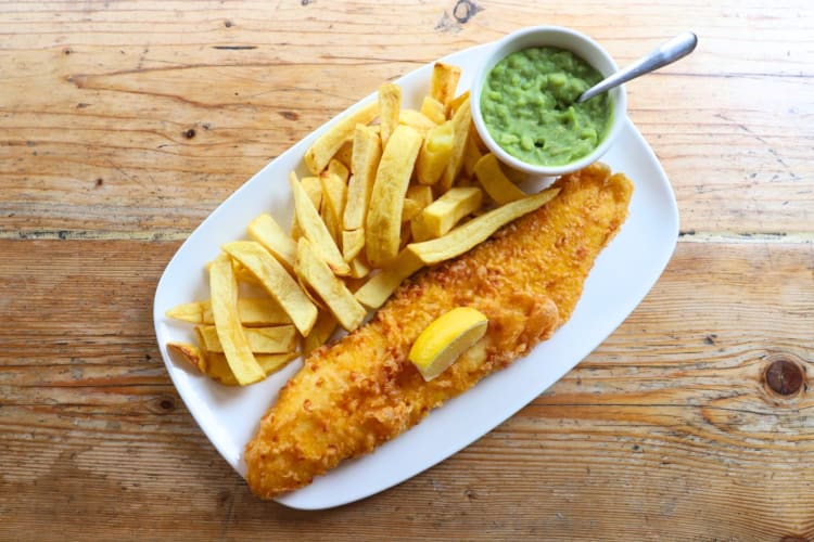 London fried fish and chips with mushy peas 