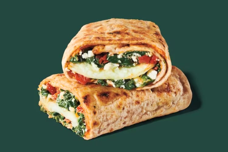 Spinach, Feta & Egg White Wrap from the Starbucks breakfast menu. 